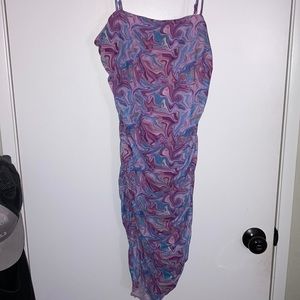 Colorful swirl blue pink purple and pink ruched dress